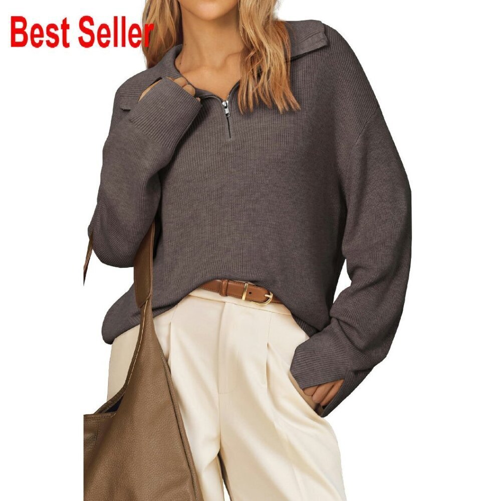 Wool Blend Quarter Zip Pullover Sweater Oversized Fit Lapel Collar Chic